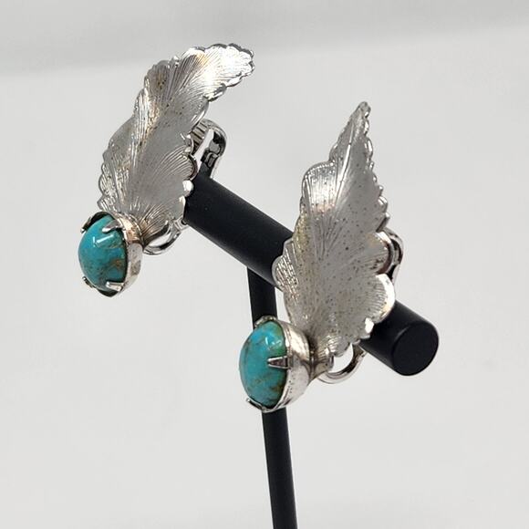 Southwestern Silver Tone Leaf Blue Stone Clipon Earrings Vintage Jewelry Boho - Picture 2 of 4